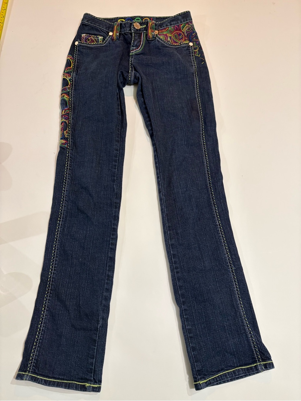 COOGI Dark Blue Jeans with Multicolor Paisley Embroidered Trim | Size 3/4